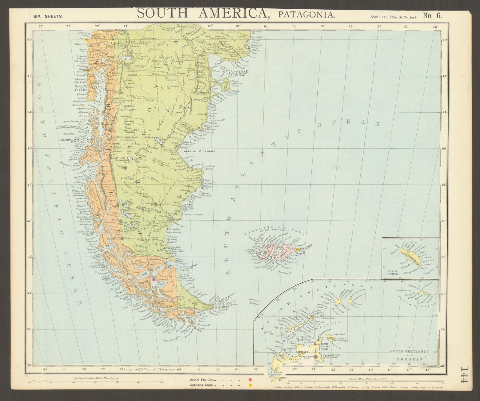 PATAGONIA. Argentina Chile Tierra del Fuego Falklands S Georgia.LETTS 1892 map
